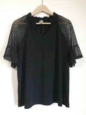 Anne Klein Sheer Polka Dot Mesh Blouse Black Large